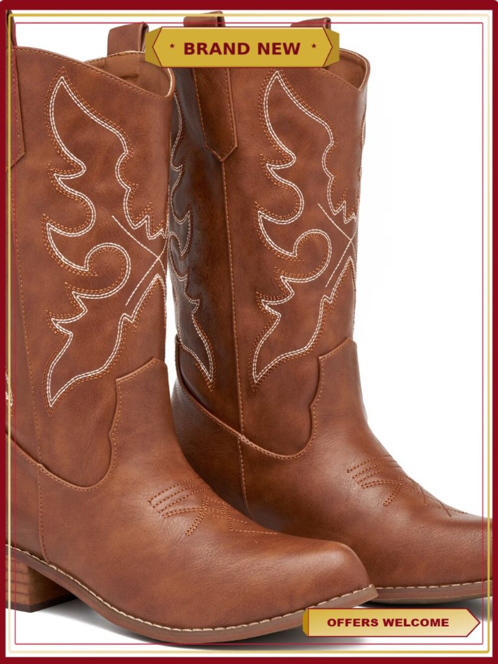 Faux Leather Embroidered Cowboy Boots Pointed Toe Block Heel
